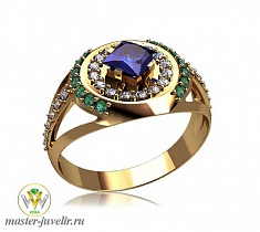 Мужское золотое кольцо с сапфиром, изумрудами и бриллиантами
