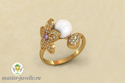 Необычайно нежное золотое кольцо с жемчужиной и цветком из цирконов и аметиста