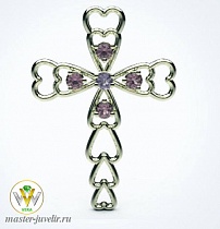 Крестик декоративный Сердца из белого золота с аметистами