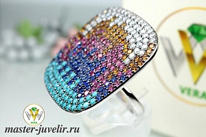 Эксклюзивное серебряное кольцо с цветными фианитами