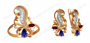 Женский комплект с разноцветными камнями на заказ: кольцо и серьги