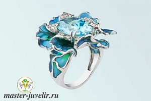 Дизайнерское объемное кольцо Цветок с топазом и эмалью