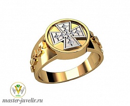 Золотая мужская печатка круглая крест с бриллиантами