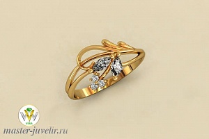 Золотое кольцо в стиле растительного узора с цирконами