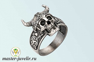 Кольцо серебряное Череп необычное с рогами
