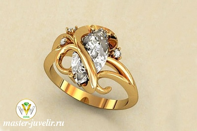 Золотое кольцо с горным хрусталем - маркизом и бриллиантами