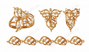 Золотой гарнитур с растительным узором: кольцо, серьги, браслет